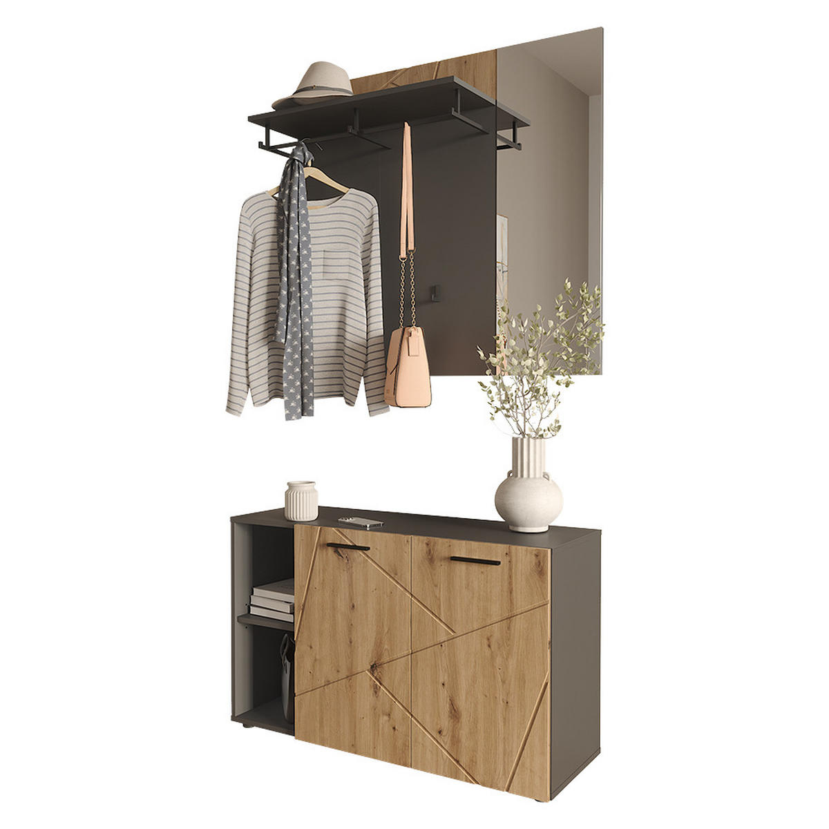 GARDEROBE Irma Anthrazit/Artisan 106 x 63 cm Set mit Schuhschrank und Wandgarderobe mit Spiegel - Anthrazit, Holzwerkstoff (106/63/37cm) - Vicco