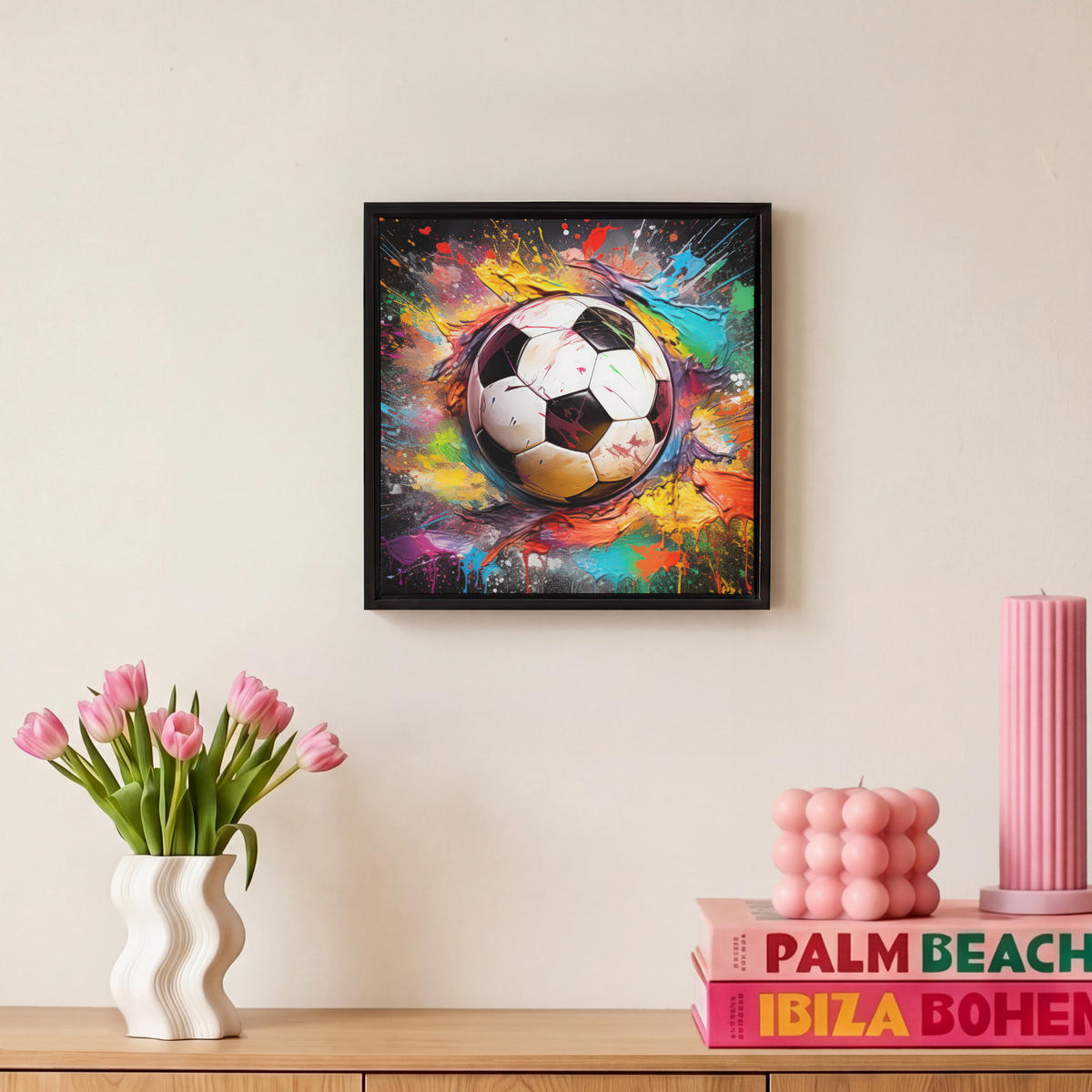 LEINWAND Bilder mit Rahmen - Fußball - Farbe - Farben - Schwarz - Weiß - 20x20 - Weiß, Textil (20/20cm) - MuchoWow