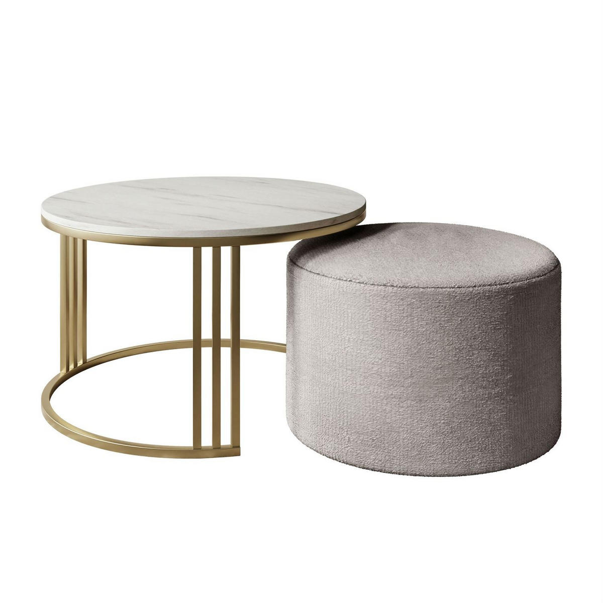 COUCHTISCH mit Hocker LORI MAT gebürstetes Gold/Marmor Levanto/Perfect Harmony 82 - Weiß, Metall (70/70/49cm) - Lookway