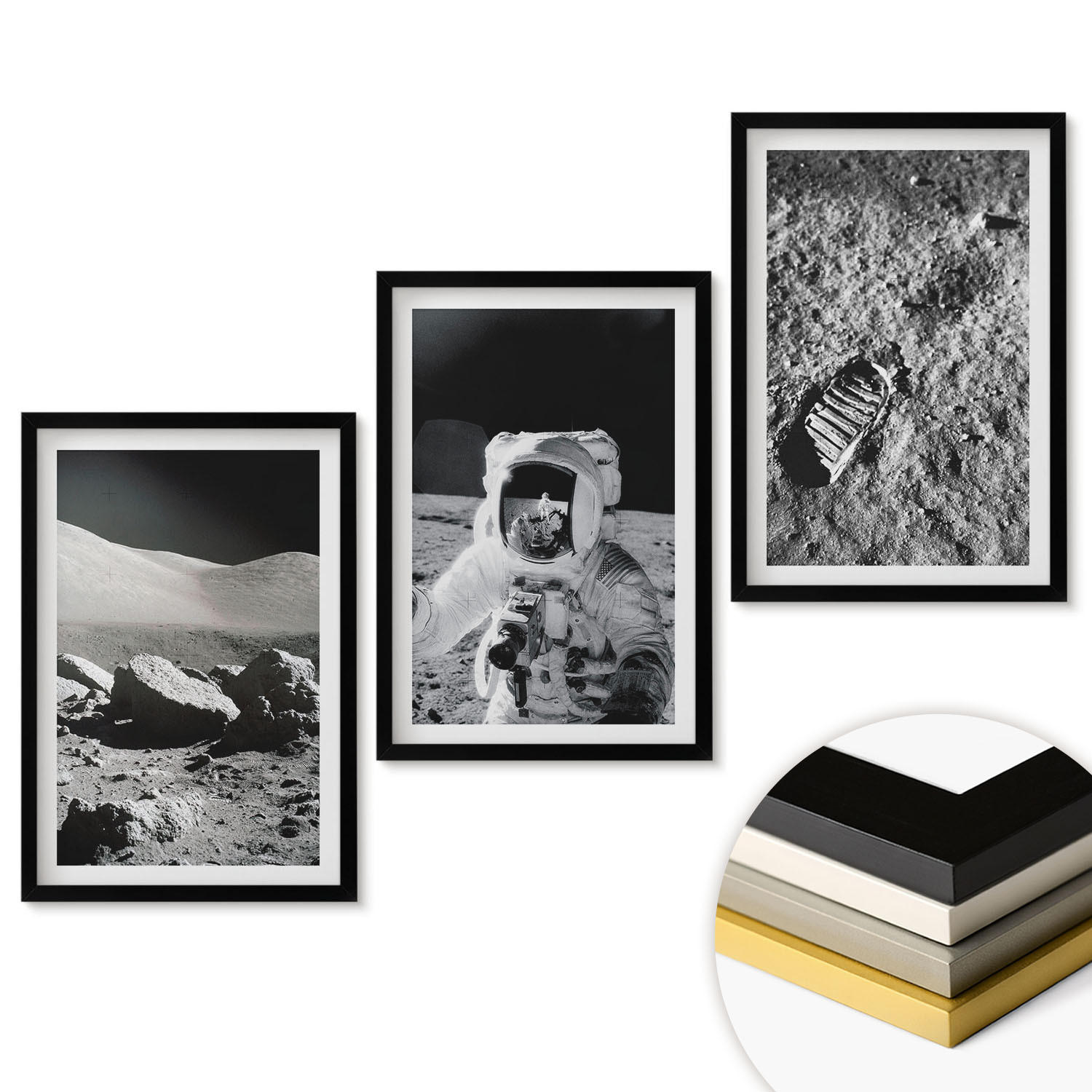 WANDBILDER 3er-Set - 40x60 cm Schwarzer Rahmen - NASA-Fotos vom Mond Astronaut - Schwarz, Kunststoff (40/60cm) - ArtPrintCave