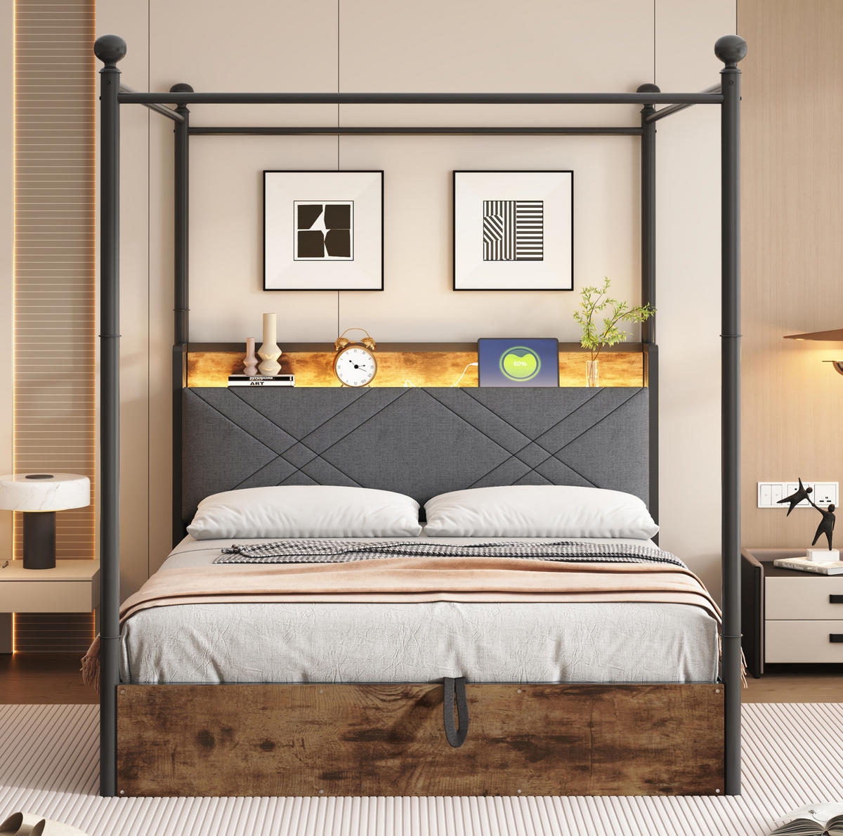 METALLBETT 140/190 cm in Schwarz mit Stauraum, LED-Beleuchtung und USB-/Type-C - Schwarz, Metall (140/190cm) - Flora Grace