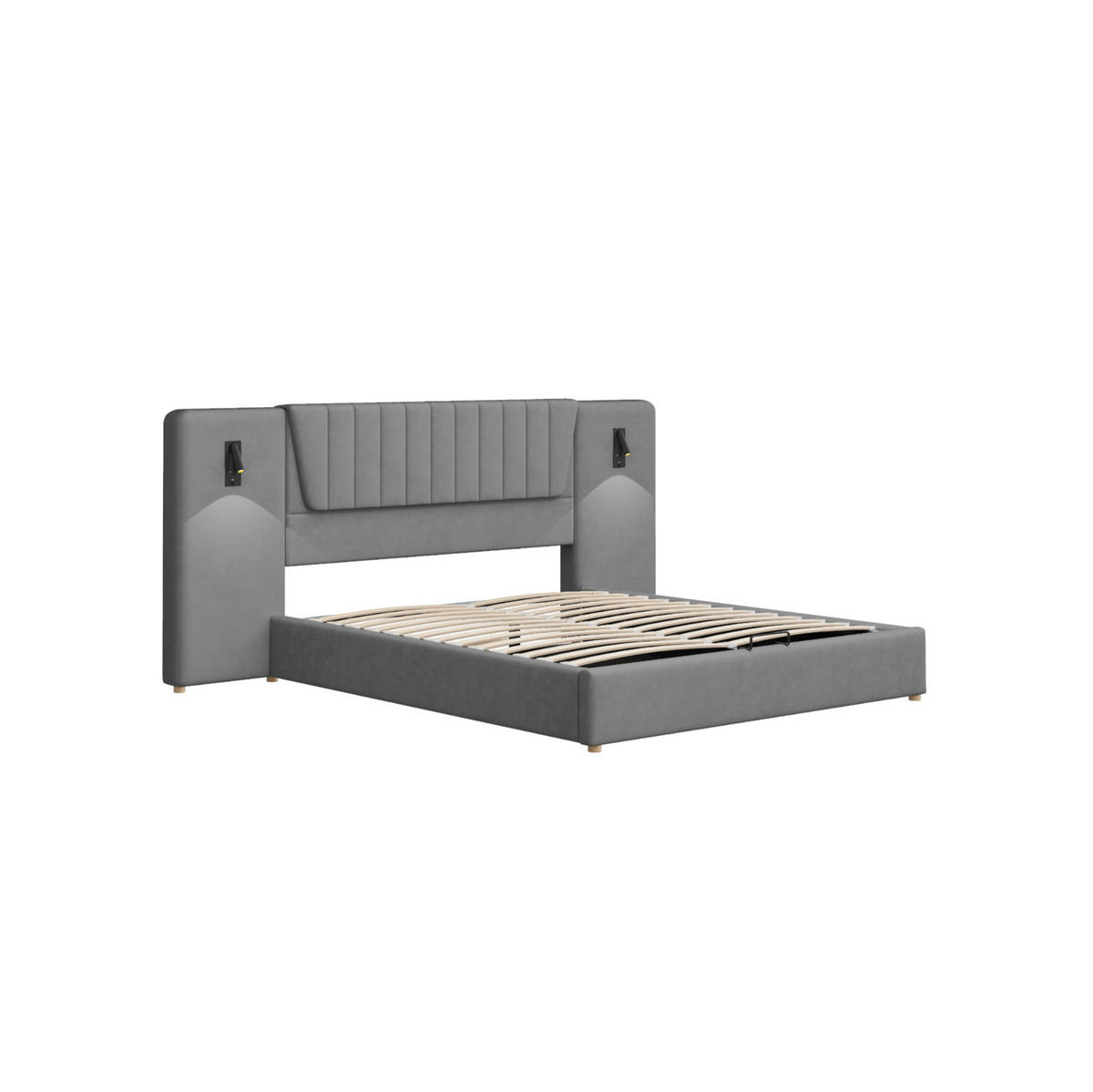 POLSTERBETT mit Stauraum 180x200 cm Samt Grau mit USB und Leselampen - Grau, Metall (180/200cm) - Meubliv