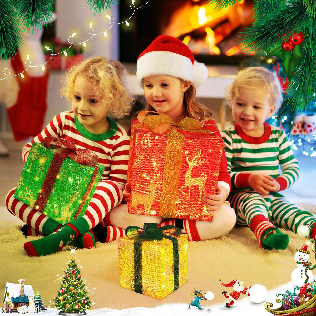 WEIHNACHTSGESCHENKBOX Elch (3er-set) 26/26/26 cm - Multicolor, Textil (26/26/26cm) - Nettlife