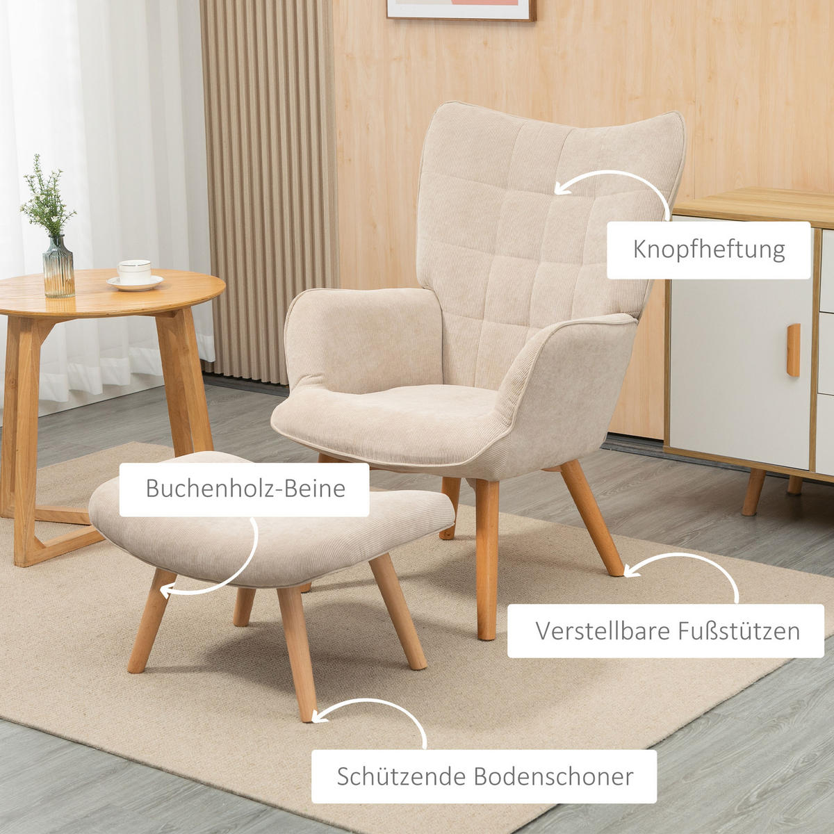 OHRENSESSEL mit Hocker, Relaxsessel, Polstersessel in Cord-Optik, mit Holzbeine - Beige, Holz (80/101/72cm) - HOMCOM