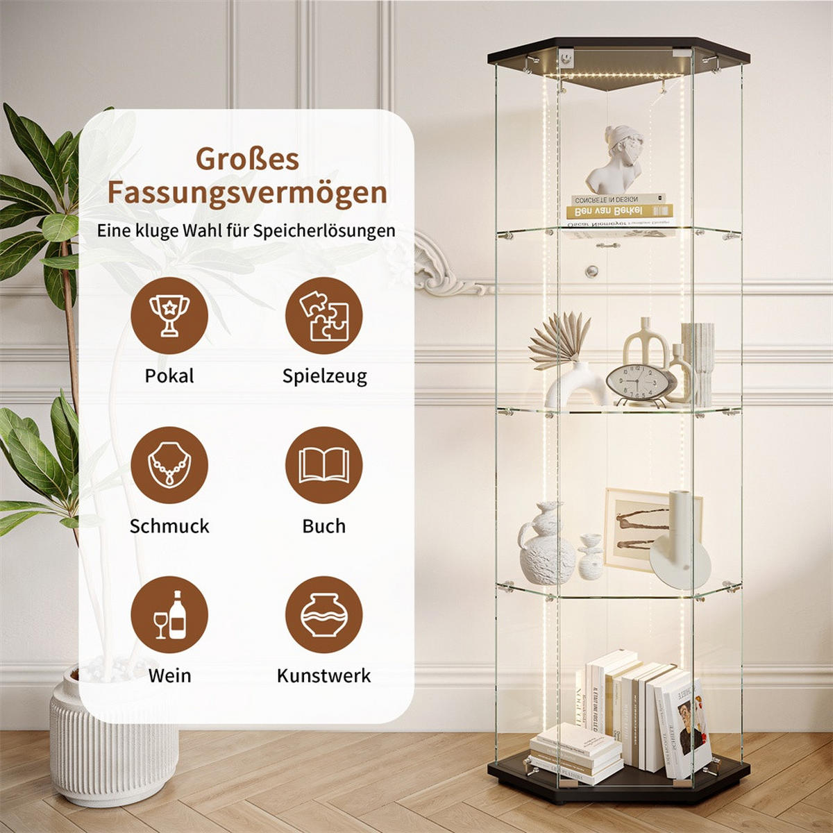 VITRINE mit RGB LED Beleuchtung - Eckvitrine mit 4 Ebenen und 1 Glastür - Glaskvitrine mit Schloss - Schwarz - Schwarz, Glas (60/162/42.5cm) - DELFA