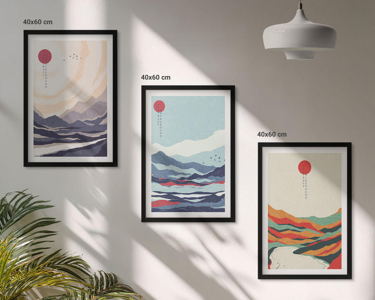 BILDER SET 3er Set - 40x60 cm Schwarzer Rahmen - Japanische Bergabstraktionen - Schwarz, Kunststoff (40/60cm) - TULUP