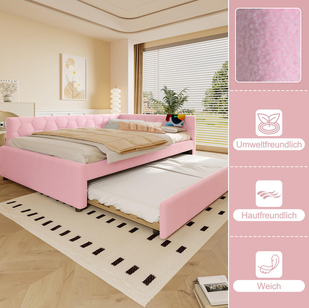 TAGESBETT 140/200 cm mit Ausziehbett, USB- und Typ-C-Anschluss, Nachttischlampe und Vliesimitat-Bezug, Rosa/Weiß - Rosa, Textil (140/200cm) - Redom