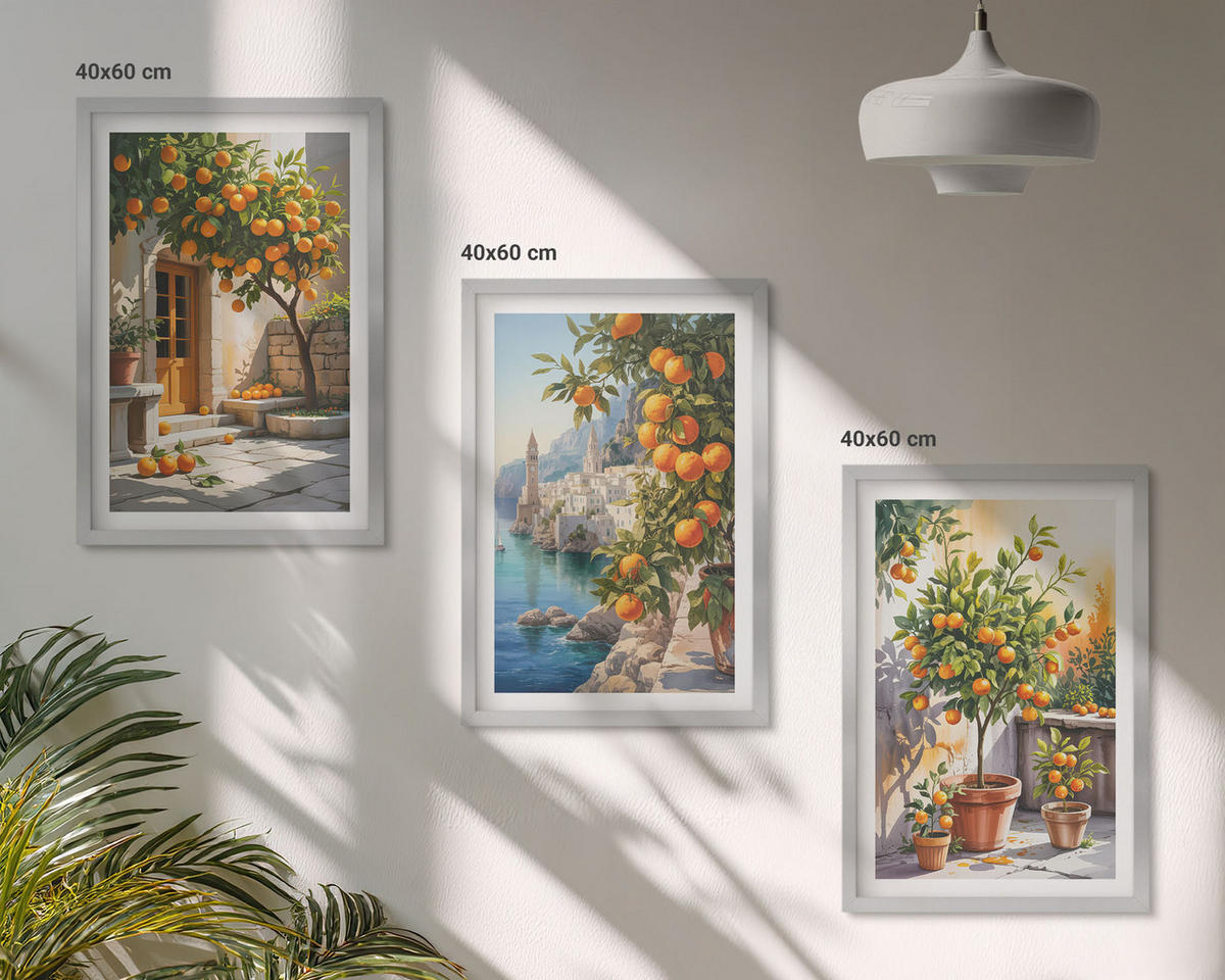 WANDBILDER 3er Set - 40x60 cm Silberner Rahmen - Gemalte Zitruslandschaften - Silberfarben, Kunststoff (40/60cm) - ArtPrintCave