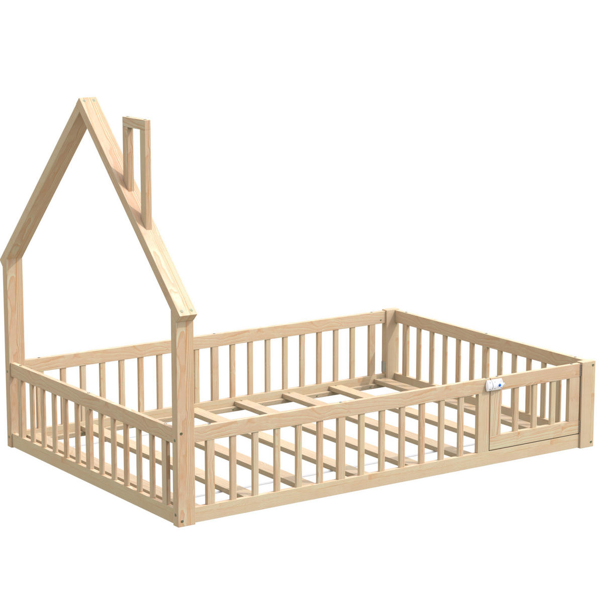 POSTELJA v obliki hiše 140/190 cm naravna iz bora in MDF z varovalno ograjo in letvenim dnom - naravne barve, leseni material (140/190cm) - OKWISH