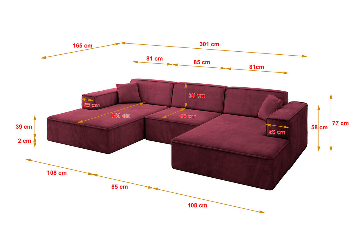 WOHNLANDSCHAFT IREA-U1-v4 - 301x165x77 cm Bordeauxrot - Bordeaux, Holzwerkstoff/Textil (301/77/165cm) - ALTDECOR