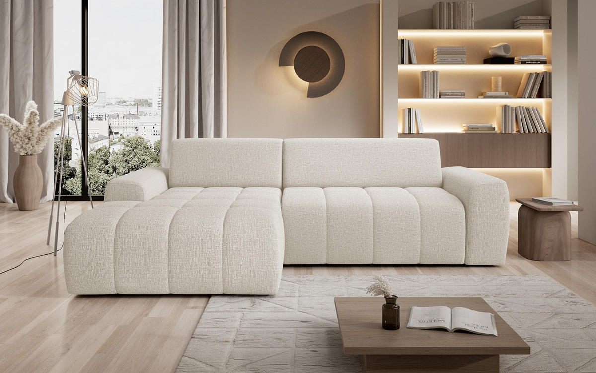 ECKSOFA Savio Freistehend, Mit Abriebfestem Kansas-Stoff, Maße 265x172x81cm, Ausziehbare Sitzfläche 206x92cm, Linke, Helles Beige - Ecru, Holz/Textil (172/265cm) - DomoHome