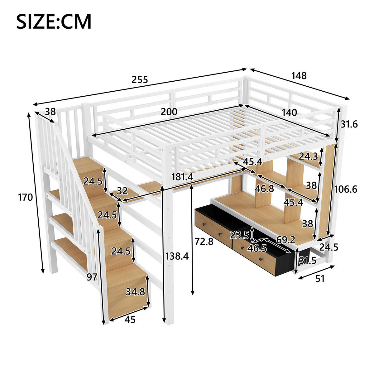 HOCHBETT 140/200 cm DE-03429, mit Schreibtisch, Regalen und zwei Schubladen, in Weiß - Weiß, Holzwerkstoff/Metall (140/200cm) - ComfortXL
