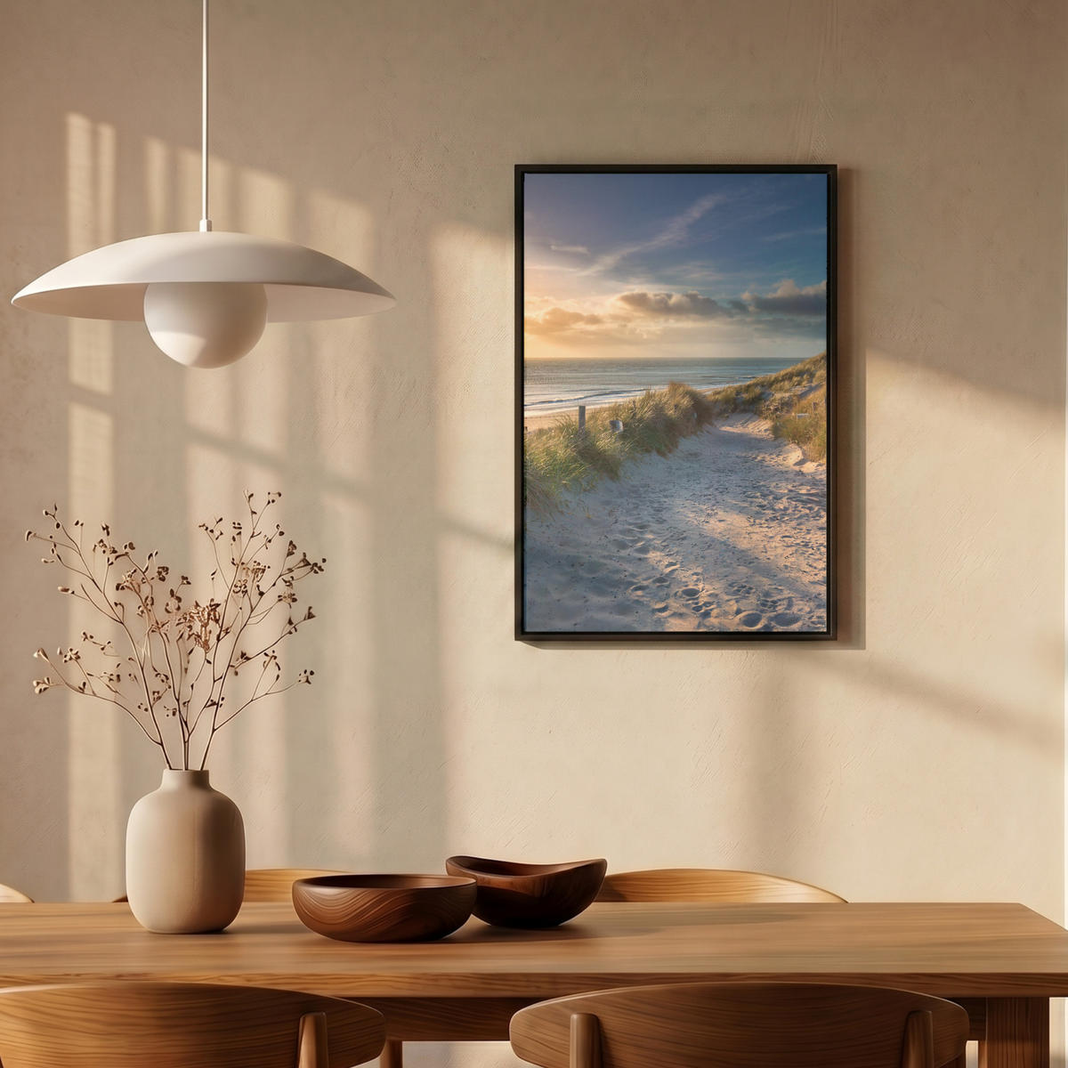 LEINWAND Bilder mit Rahmen - Sonnenuntergang - Strand - Düne - Gras - Ufer - 40x60 - Sandfarben, Textil (40/60cm) - MuchoWow