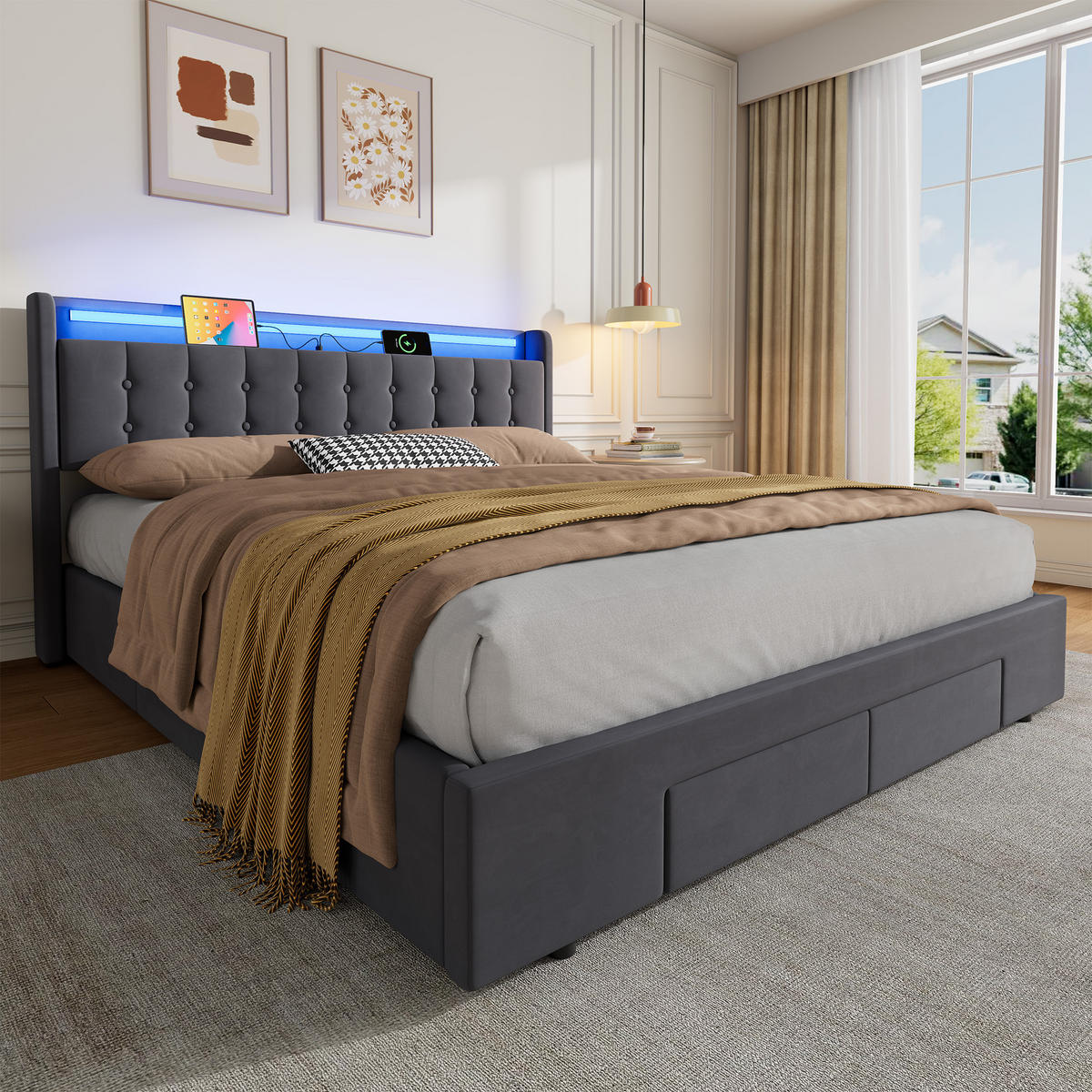 POLSTERBETT 180/200 cm mit Stauraum und Steckdose, mit Schubladen, ohne Matratze - Grau, Holzwerkstoff/Textil (180/200cm) - STILVORA