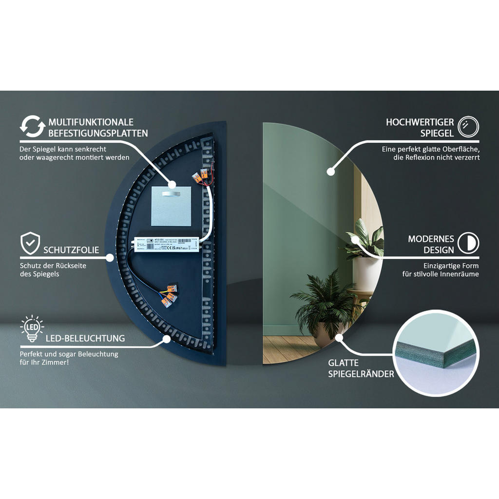 Thumbnail - Tulup Led, Blaugrau, Glas, 50x100x2.4 cm, Spiegel, Wandspiegel