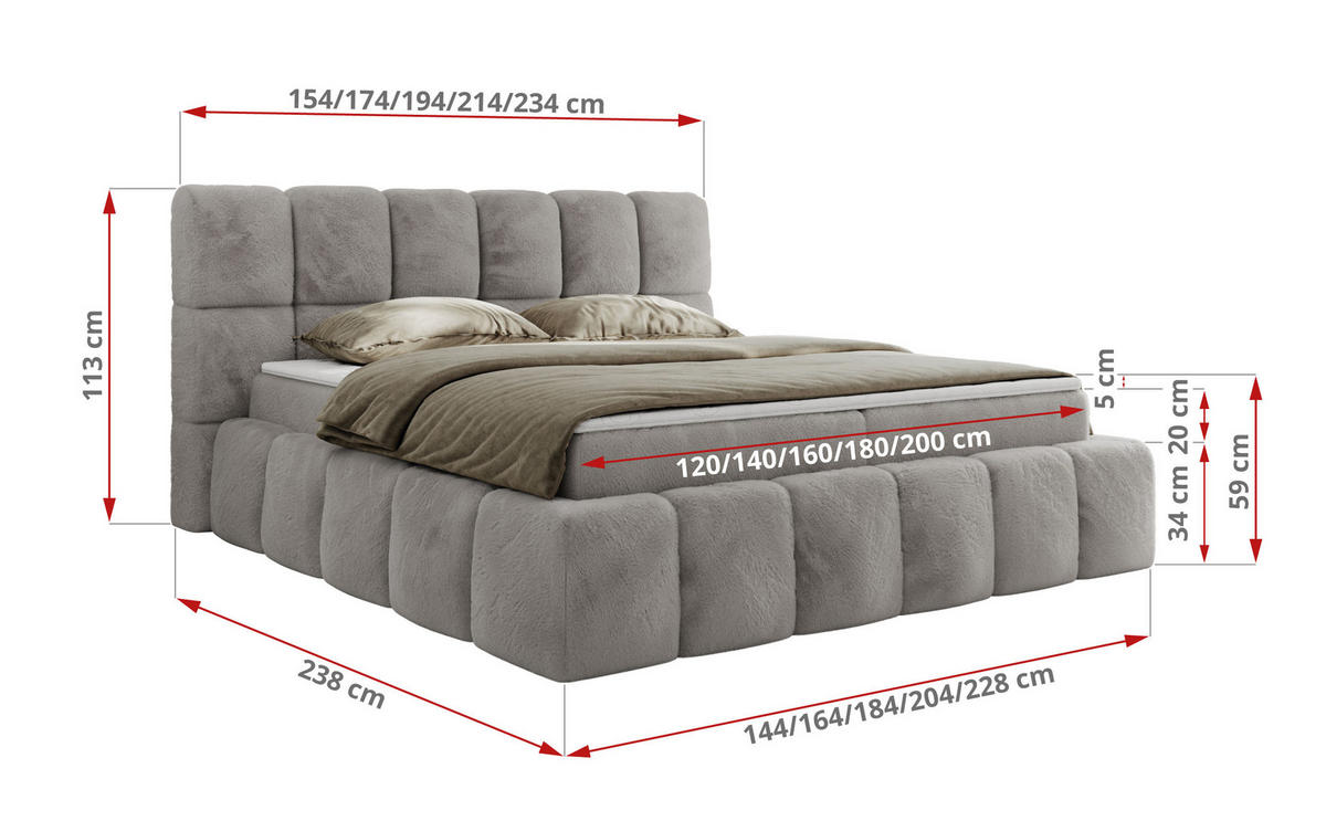 BOXBETT NIRA 200/200 - Hellgrau Plüsch - H4 - Hellgrau, Holz/Textil (200/200cm) - MKS