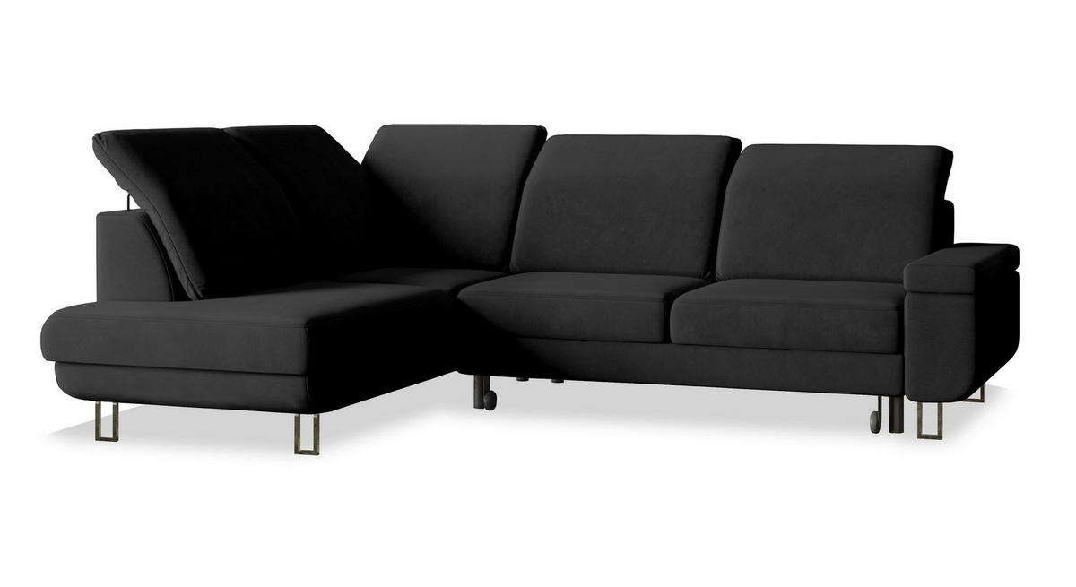 ECKSOFA LERMA R-S Schwarz Velours-Stoff mit Schlaffunktion - Schwarz, Holz (253/190cm) - MASSENO