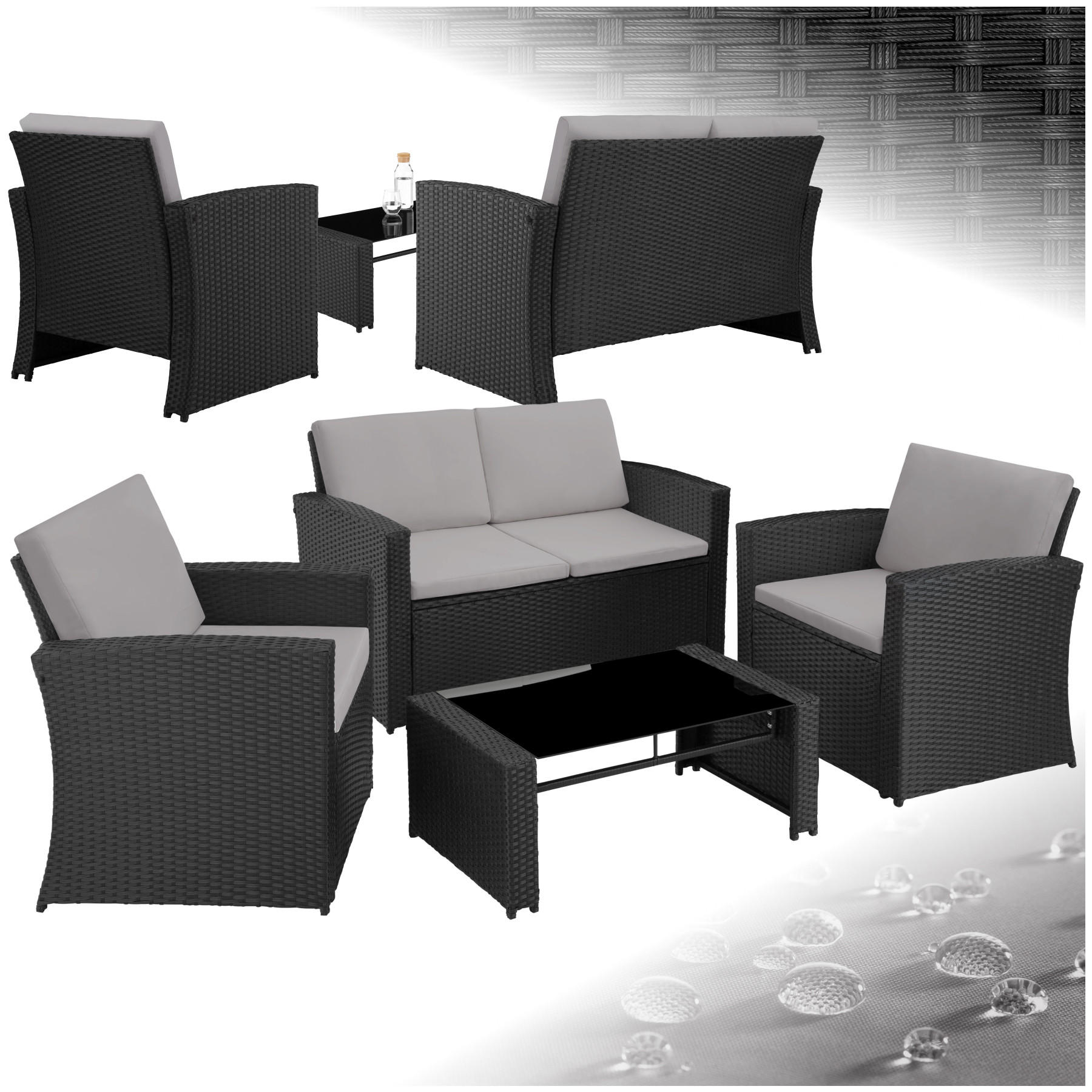 RATTANLOUNGE Jesolo,mit Sicherheitsglasplatte,schwarz/grau - Schwarz/Grau, Kunststoff - tectake