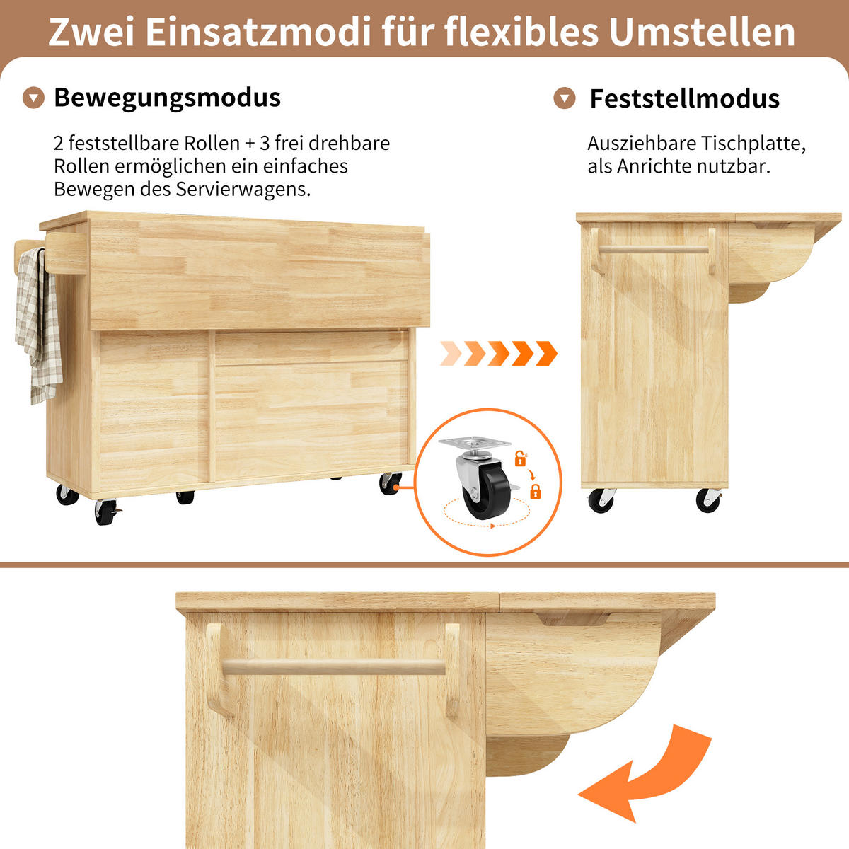 KÜCHENINSEL 120x45x92cm Natur mit Klapptisch & 3 Schubladen - Naturfarben, Holzwerkstoff (120/92/45cm) - Modfu