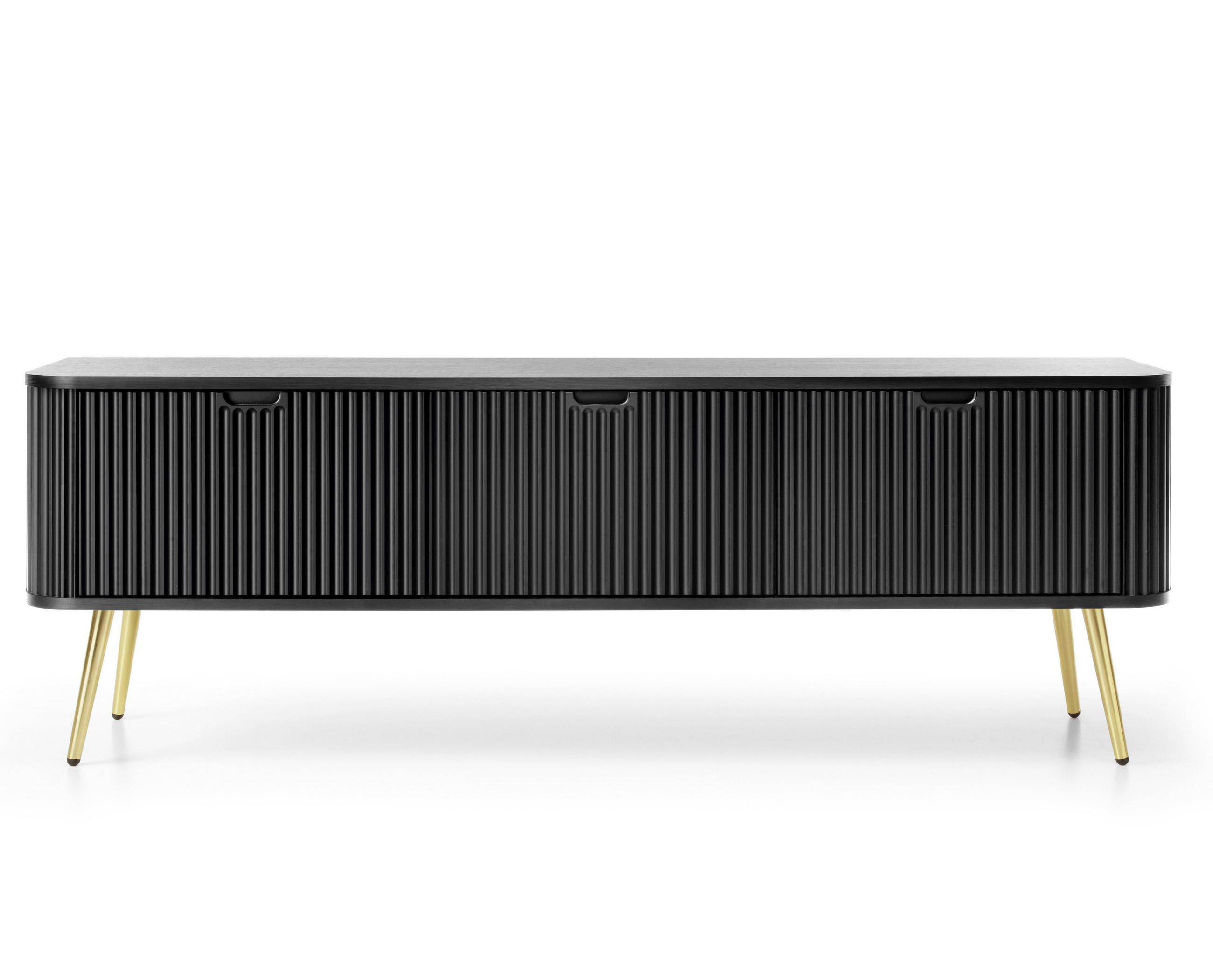 LOWBOARD Salvia 3T Schwarz, Gold 168/56/39 cm – mit geriffelten Fronten und hohen Beinen - Goldfarben/Schwarz, Holzwerkstoff/Metall (168/56/39cm) - AX Living