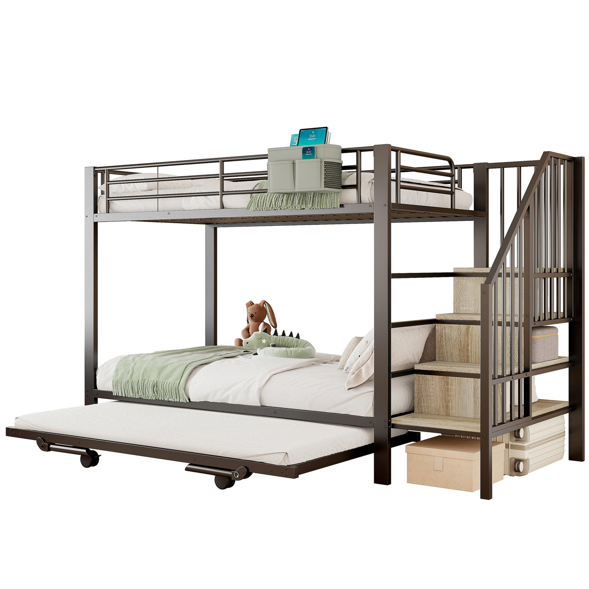 ETAGENBETT 90/200 cm mit Ausziehbett, Stauraumtreppe und Stofftasche, Metall, Schwarz - Schwarz, Metall (90/200cm) - Redom