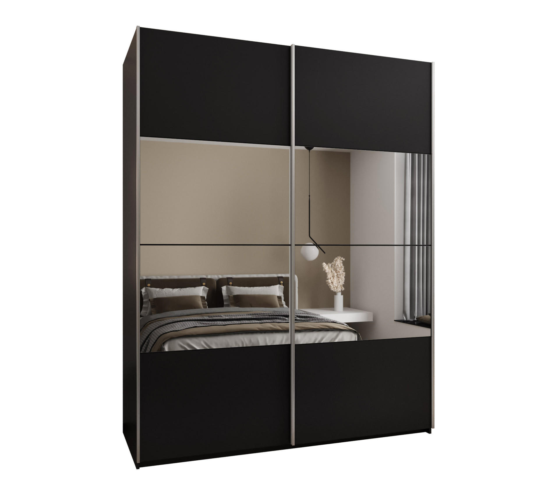 Abiks Möbel SCHWEBETÜRENSCHRANK Schwarz, Schwarz, Silber 190cm × 64cm × 245cm