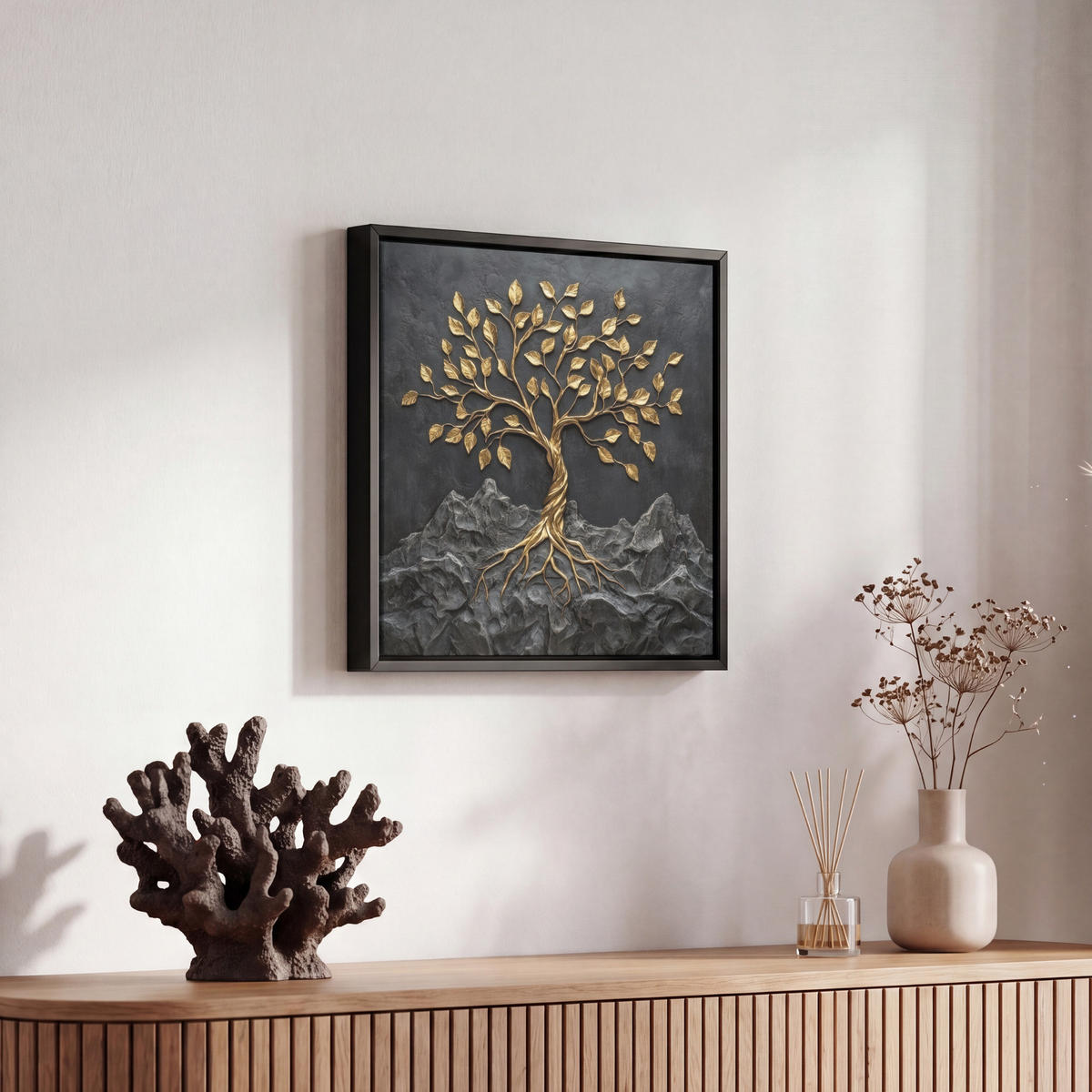 LEINWAND Bilder mit Rahmen - Blätter - Gold - Baum - Fels - 20x20 - Schwarz, Textil (20/20cm) - MuchoWow