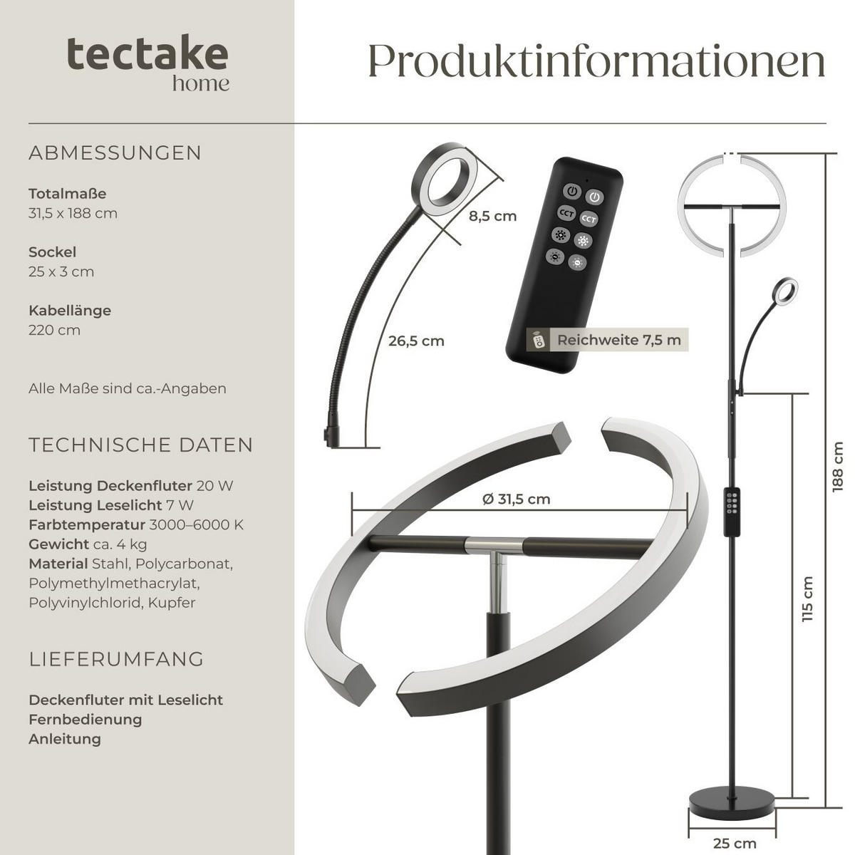 DECKENFLUTER Auralis,31,5 x 188 cm ,schwarz - Schwarz, Metall (31.5/31.5/188cm) - tectake
