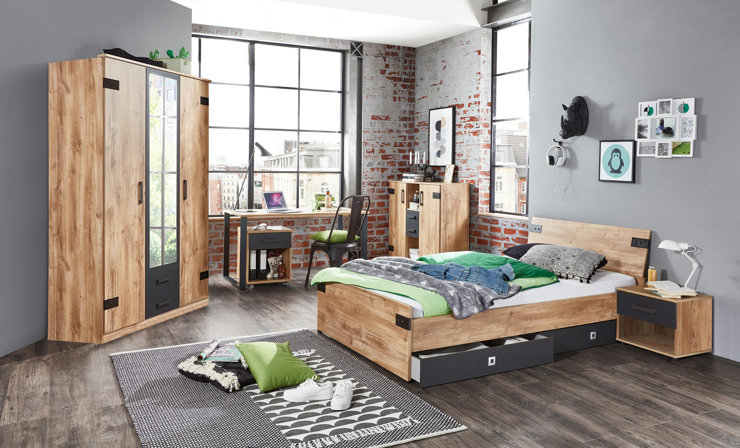 JUGENDZIMMER Liverpool in Plankeneiche und Graphit 7 teilig mit 140er Bett und Drehtürenschrank - Braun, Holzwerkstoff (120/200/80cm)