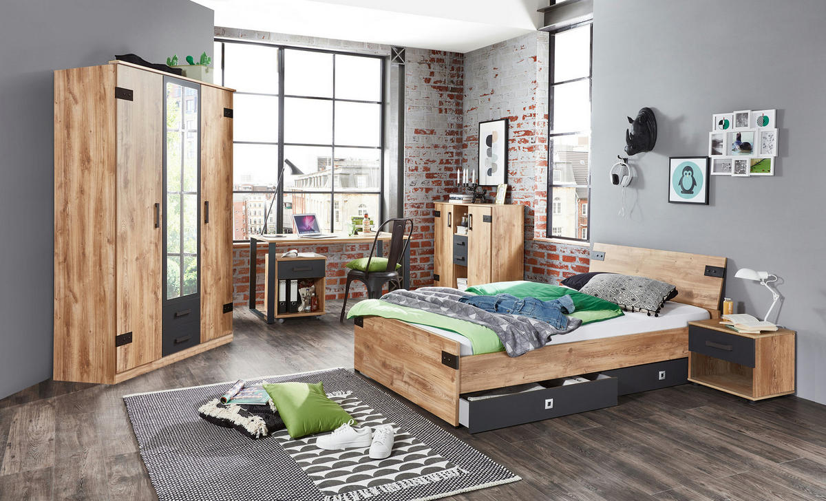 JUGENDZIMMER Liverpool in Plankeneiche und Graphit 7 teilig mit 140er Bett und Drehtürenschrank - Braun, Holzwerkstoff (120/200/80cm)