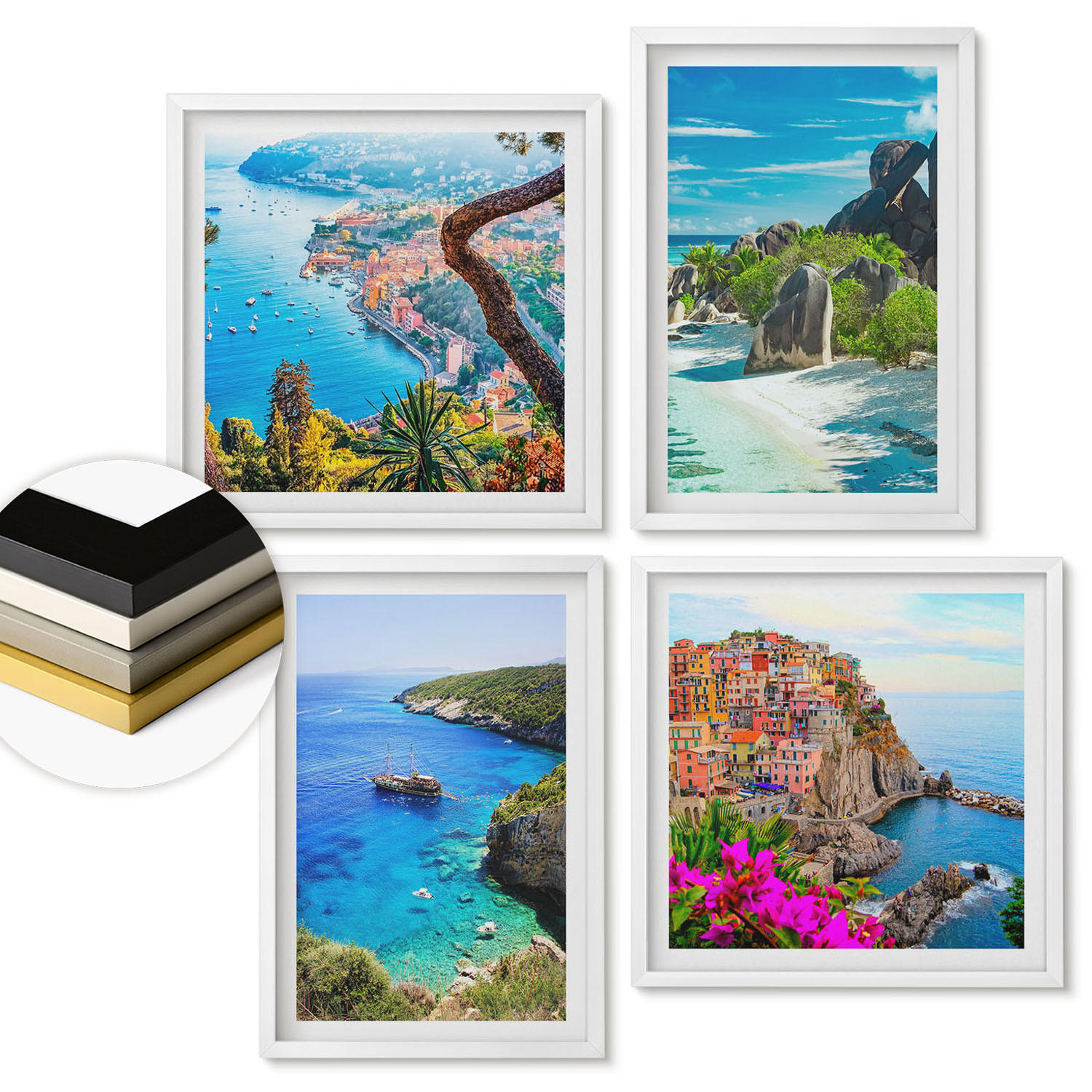 WANDBILDER 4er-Set - 50x50 cm & 40x60 cm Weißer Rahmen - Palmen am Meer, blaues Wasser - Weiß, Kunststoff (50/50cm) - ArtPrintCave