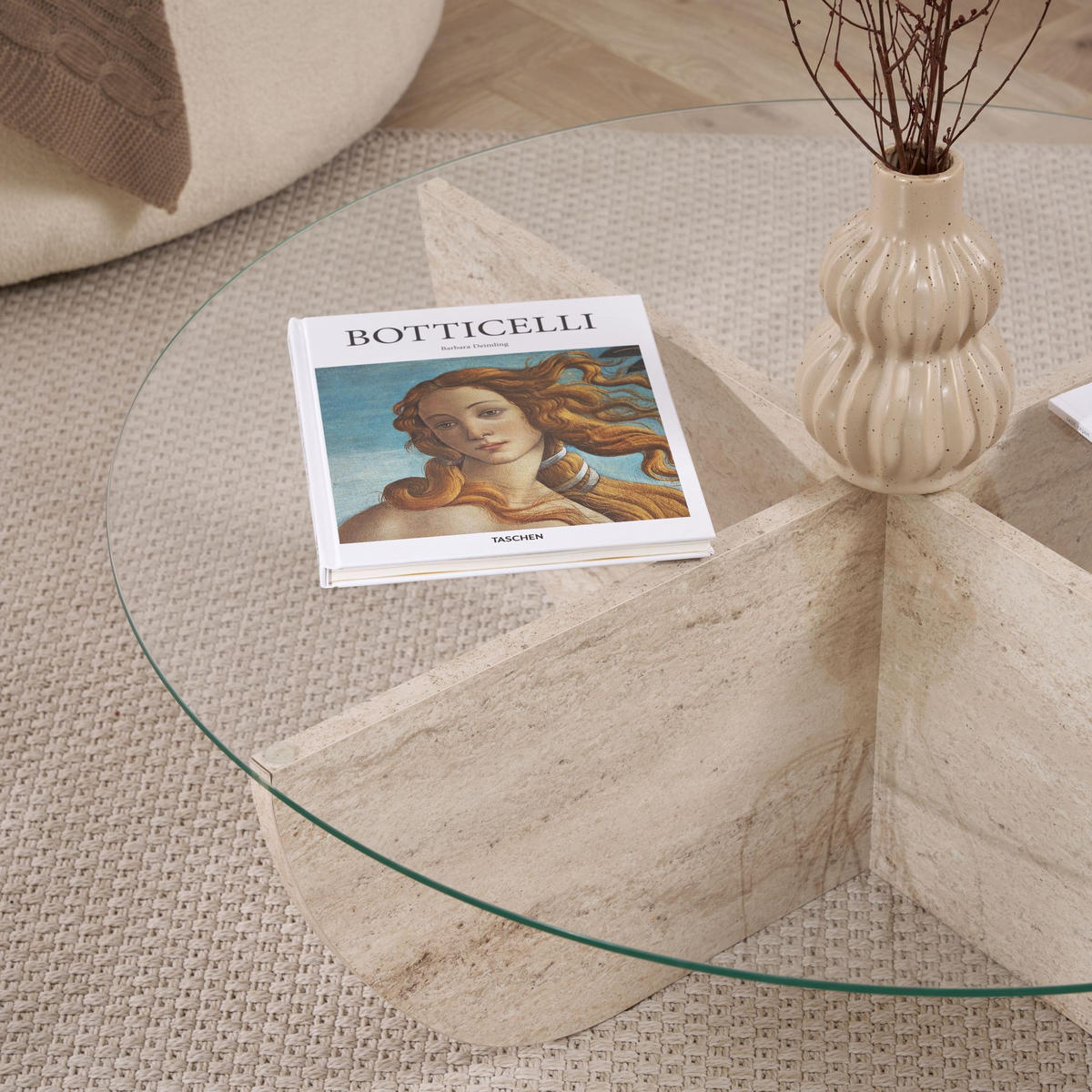 COUCHTISCH Liya Travertin - Beige, Glas (90/90/30cm) - Habitat Garten