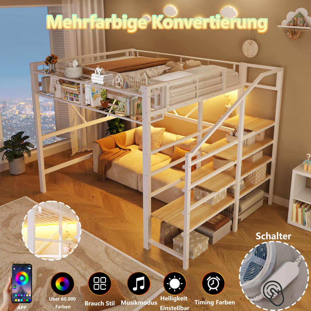 HOCHBETT 140/200 cm in Weiß mit Stufenregal, LED und Aufbewahrungskorb - Weiß, Holzwerkstoff/Metall (140/200cm) - WISHDOR