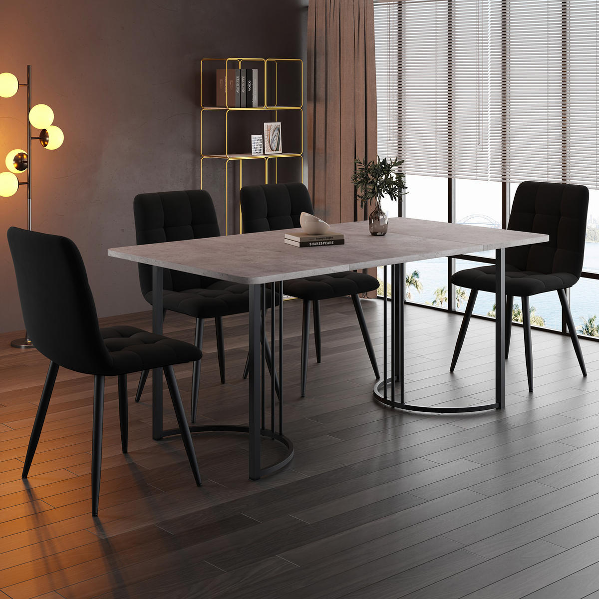 ESSZIMMER-SET 5-tlg mit Marmor-Spanplatten-Tisch 140x80, vier Samtstühlen mit verstellbaren Metallbeinen, grau-schwarz - Schwarz, Holzwerkstoff (80/75/140cm) - Luhomfu