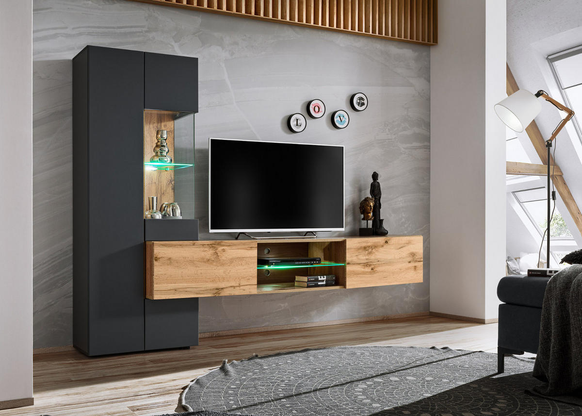 WOHNWAND anthrazit, Eiche Wotan 2-teilig 210 cm hängend, Komplettset mit LED und Push-to-Open - Anthrazit/Eiche Wotan, Glas/Holzwerkstoff (210/160/40cm) - Furn.Design