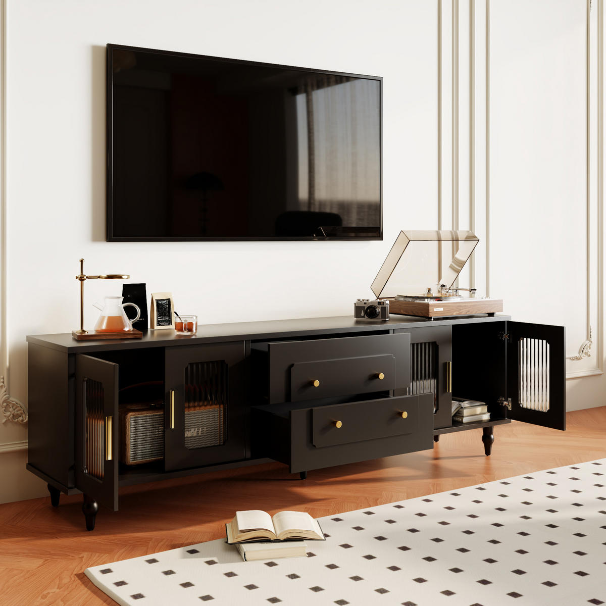 TV-LOWBOARD Retro Glas Tür Holzbeine - Schwarz, Holzwerkstoff (175/55.5/38cm) - LEBENLANG