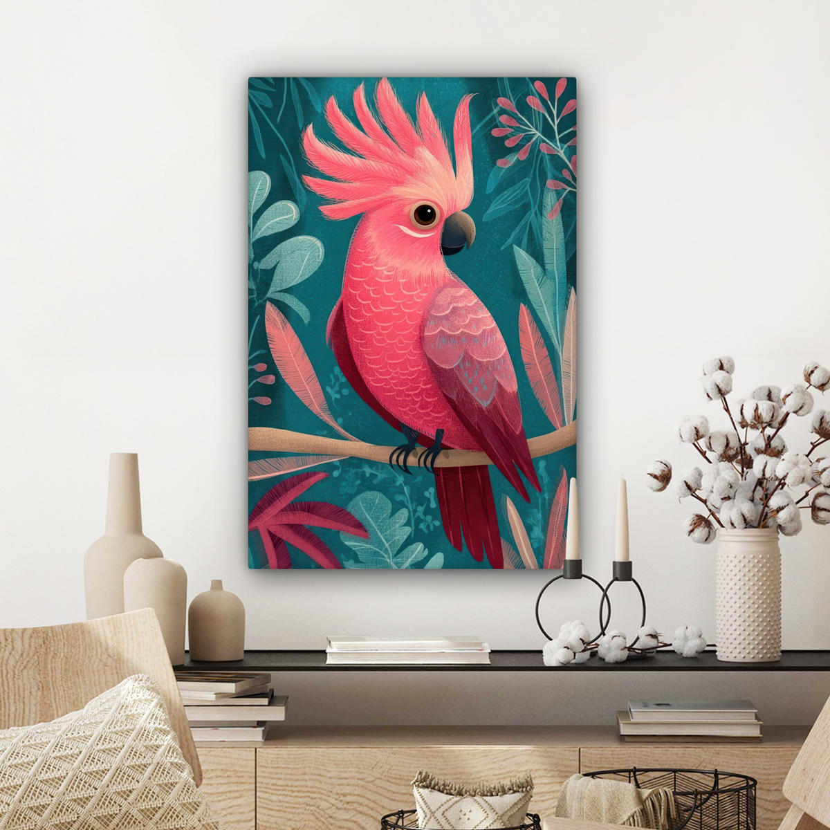 LEINWANDBILD Kakadu - Tropische Blätter - Zweig Wanddeko Schlafzimmer 60x90 cm - Petrol, Textil (60/90cm) - MuchoWow