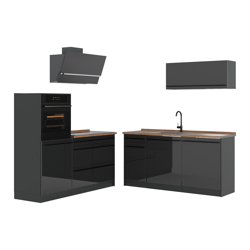 Vicco Küchenzeile Schwarz Hochglanz, Anthrazit 160x143x60 cm