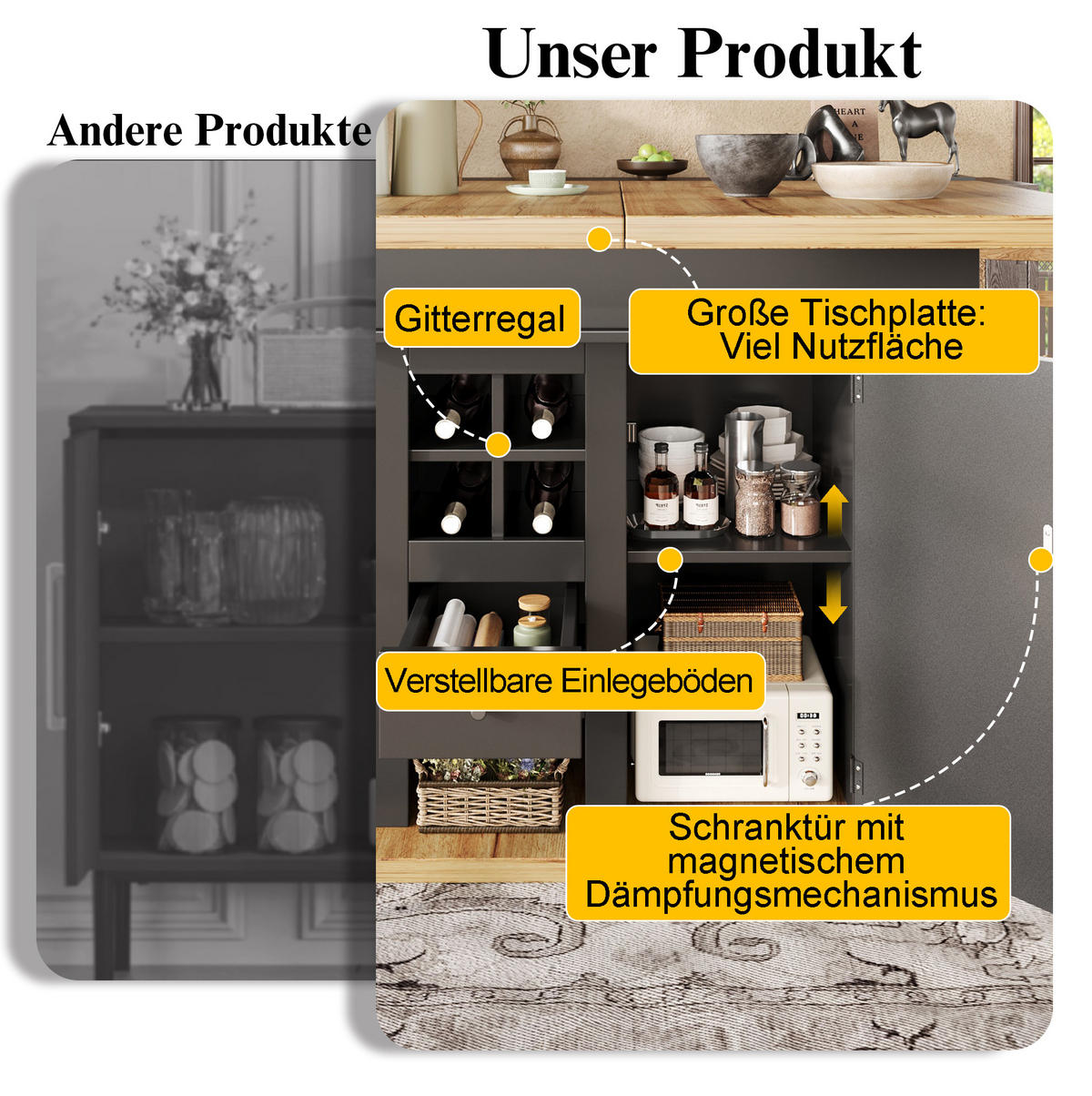ESSTISCH aus MDF 110-140x80x75 cm Schwarz/Natur ausziehbar mit höhenverstellbaren Regalen und Soft-Close-Türen - Schwarz, Holzwerkstoff (140/80/75cm) - Modfu