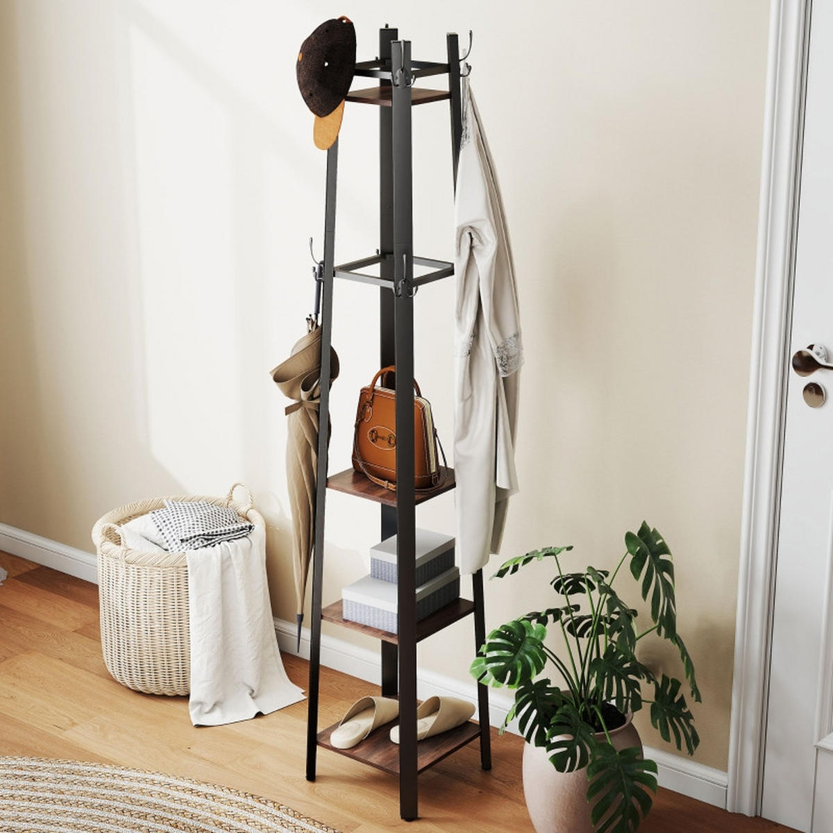 STANDGARDEROBE mit 8 Haken und 4 Ablagen, Industrial-Look, 34,8/34,8/179 cm - Braun, Holz (34.8/179/34.8cm) - BEAOK