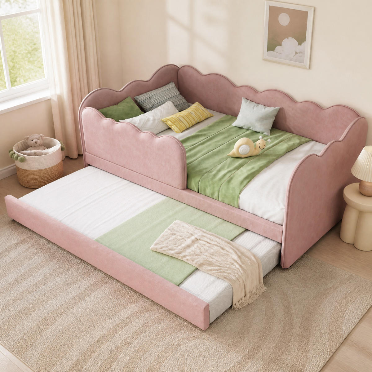 POLSTERBETT 90/190 mit Ausziehbett und Lattenrost in Rosa - Rosa, Holzwerkstoff/Textil (90/190cm) - EVRYAE