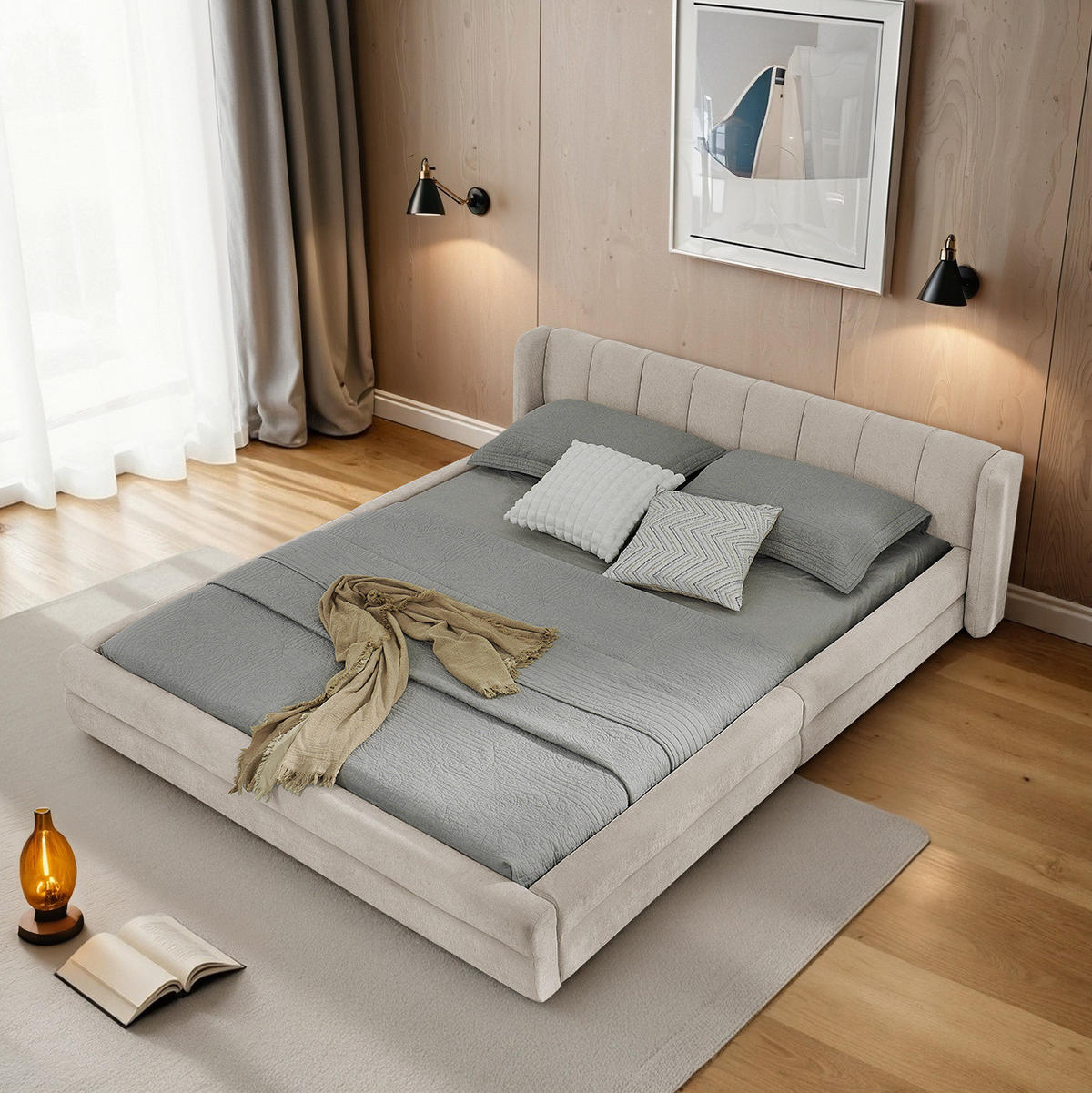 POLSTERBETT 160/200 cm mit ergonomischem Kopfteil und Chenillebezug, Beige - Beige, Kunststoff (160/200cm) - Redom
