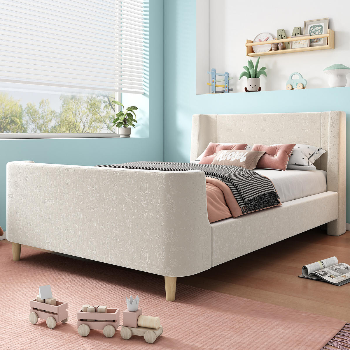 KINDERBETT 90/200 cm in Beige aus Samt mit Weltraummuster und Schlittenform - Beige, Textil (90/200cm) - Flora Grace