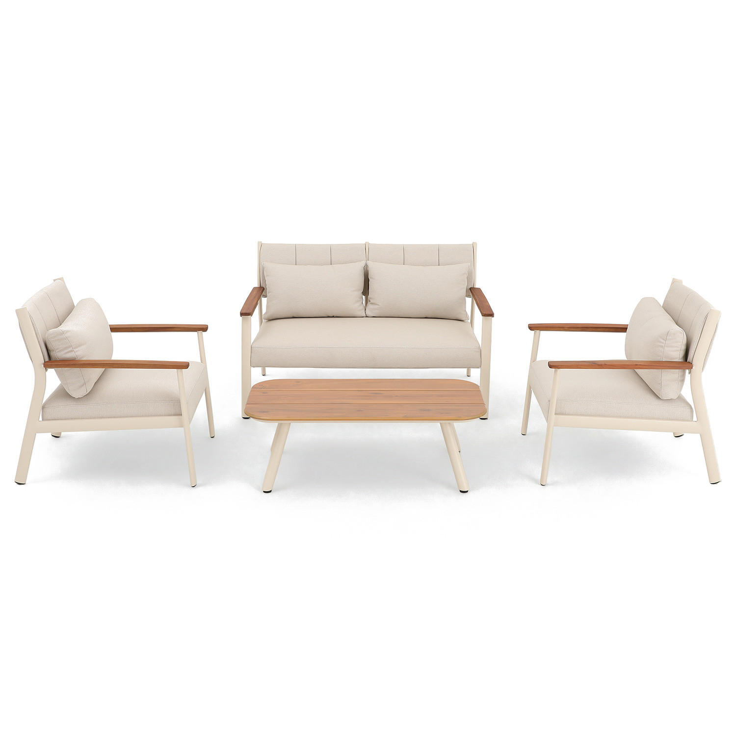 LOUNGESET - 4-teilig - Aluminium / Polyester - Beige - Beige, Holz/Textil (1/1/1cm) - home24