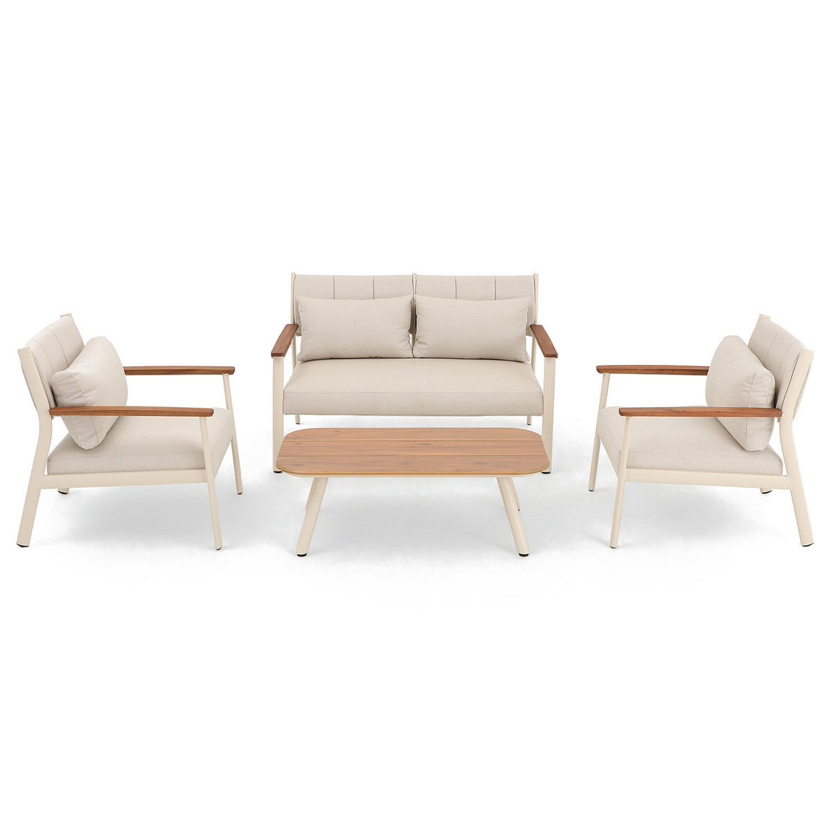 LOUNGESET - 4-teilig - Aluminium / Polyester - Beige - Beige, Holz/Textil (1/1/1cm) - home24