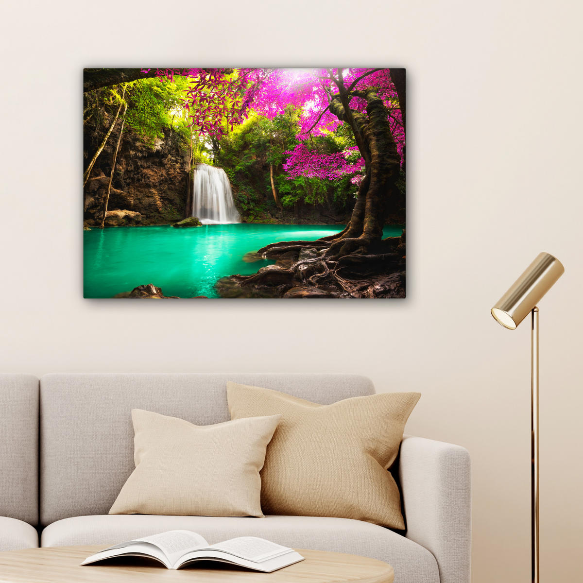 LEINWANDBILD Wasserfall mit bunten Blumen und Bäumen - Natur - Dschungel Wandbilder 80x60 cm - Waldgrün, Textil (80/60cm) - MuchoWow