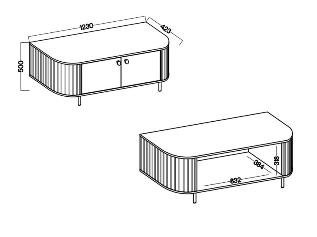 TV-SCHRANK Olivia 123 cm, mit 2 Türen, geriffeltem Design, eiche sonoma, schwarzfarbenen Metallfüßen - Sonoma Eiche, Metall (123/50/43cm) - Margaret Hadas24
