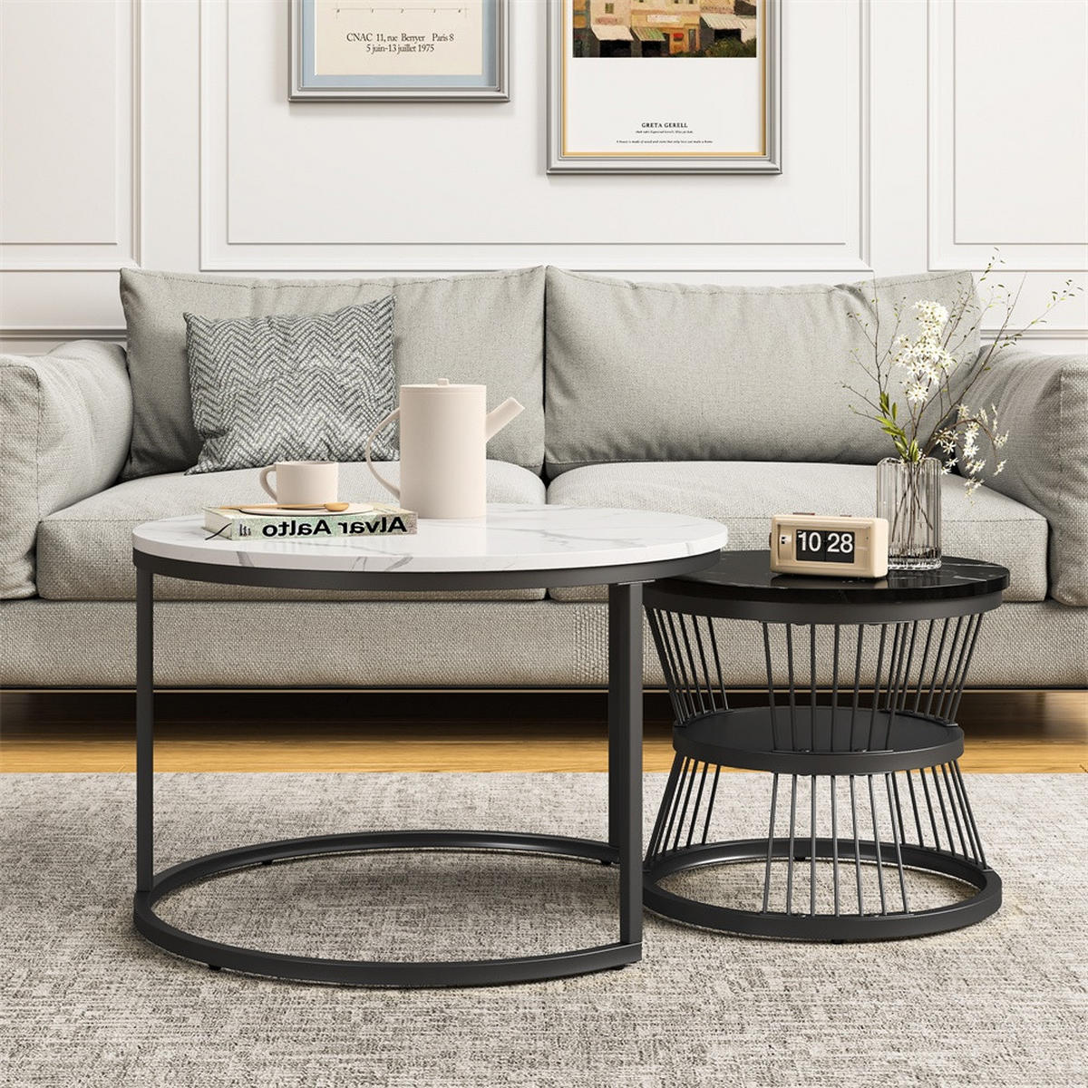 COUCHTISCH 2er-Set - Runder Couchtisch - Durchmesser 70 cm und Durchmesser 45 cm - Weiß und Schwarz - Schwarz, Holzwerkstoff (70/70/45cm) - DELFA