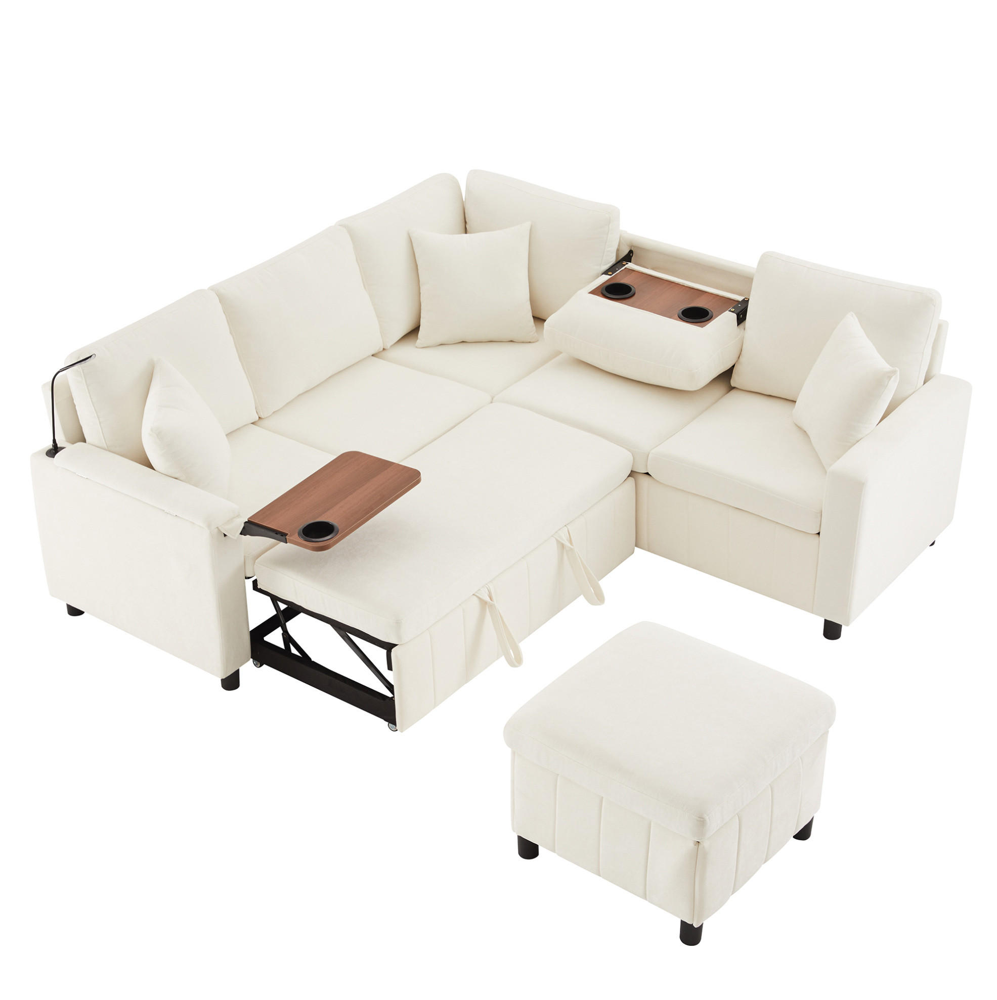ROHOVÁ sedací souprava 205/205/85 cm béžová z chenille s funkcí spaní, USB a Type-C - béžová, textil (205/205cm) - OKWISH