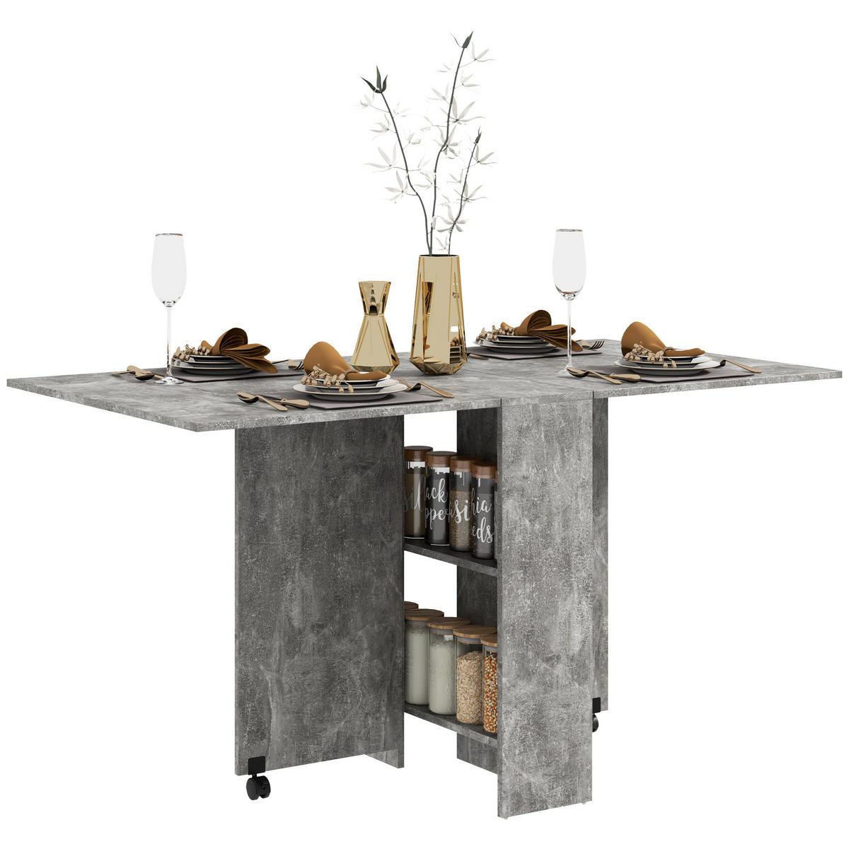 KLAPPTISCH DE-16472 klappbar, auf Rollen, 2 Regale Natur - Grau, Holzwerkstoff (75/140/74cm) - ComfortXL